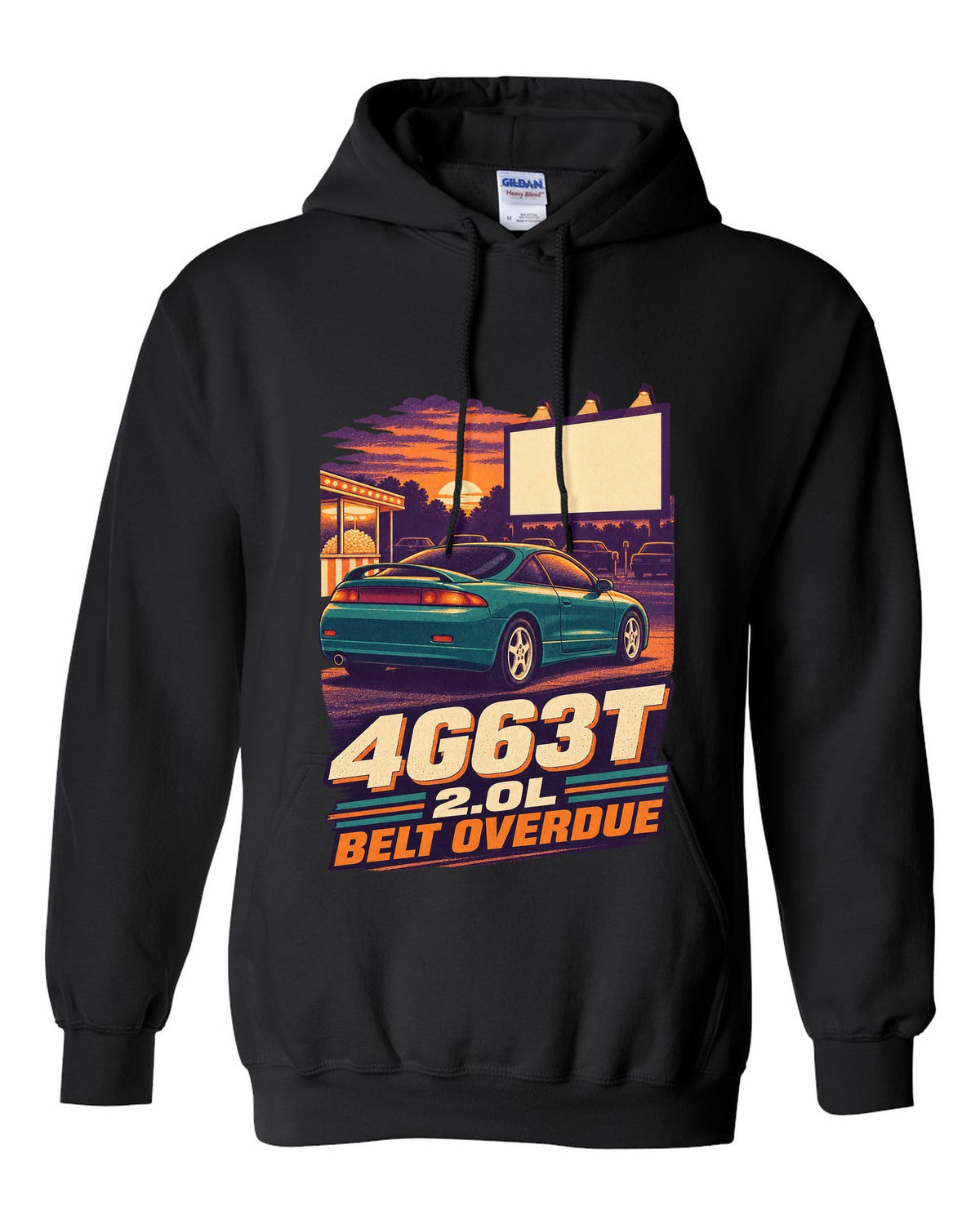 Vintage race-poster lithograph print of a Mitsubishi Eclipse 2G with 4G63T 2.0L belt overdue lettering black pull over hoodie front view with the design