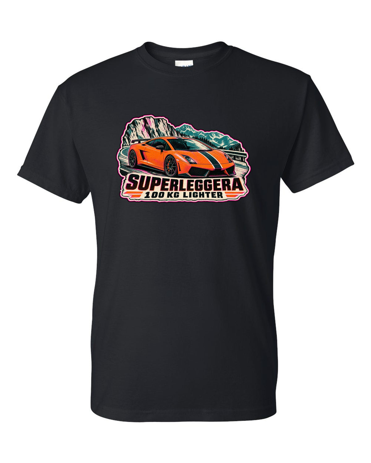 Risograph-style Lamborghini Gallardo Superleggera design with 100 KG lighter lettering black t-shirt front view with the design