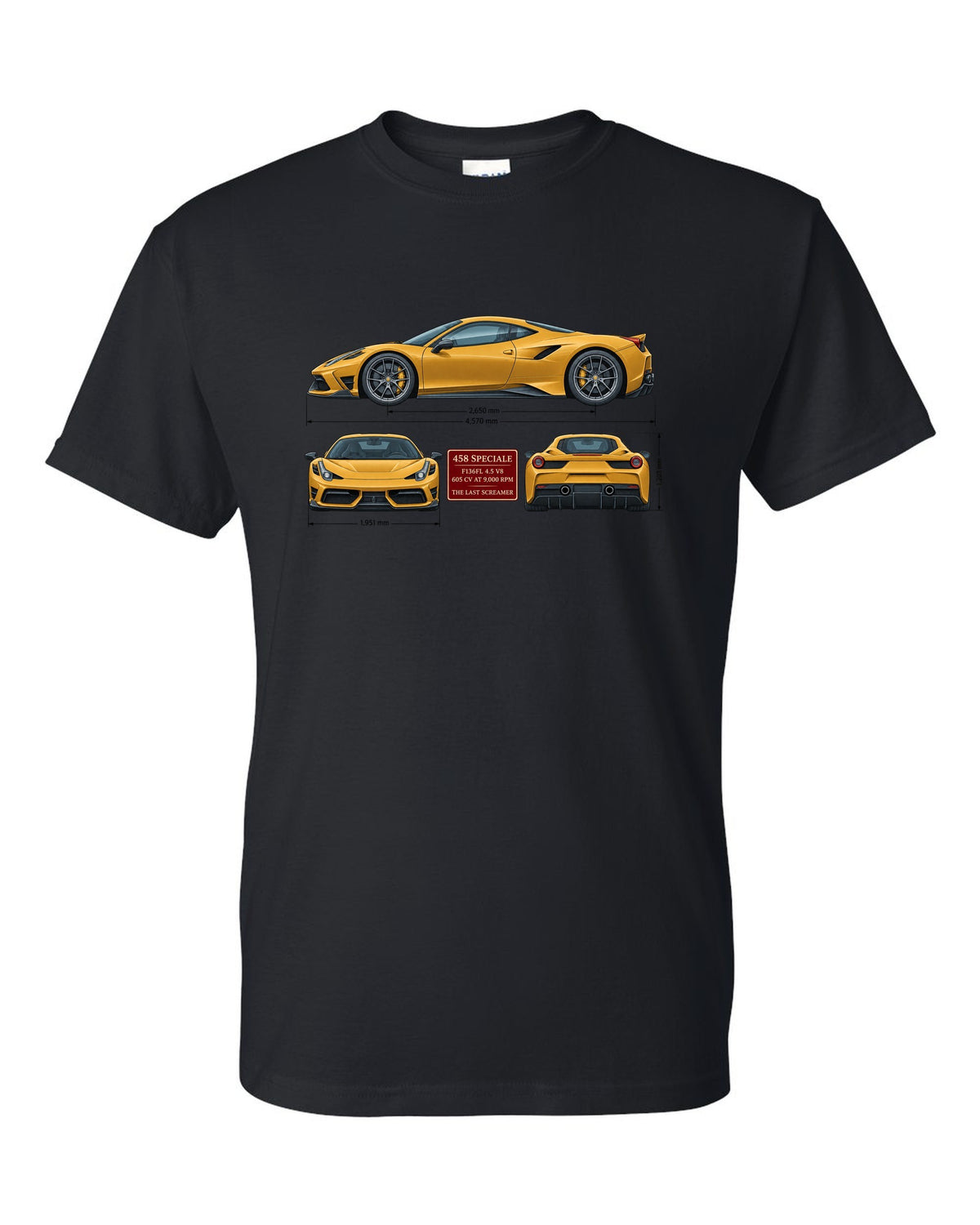 Three-view spec table print of the Ferrari 458 Speciale in ochre black t-shirt front view with the design