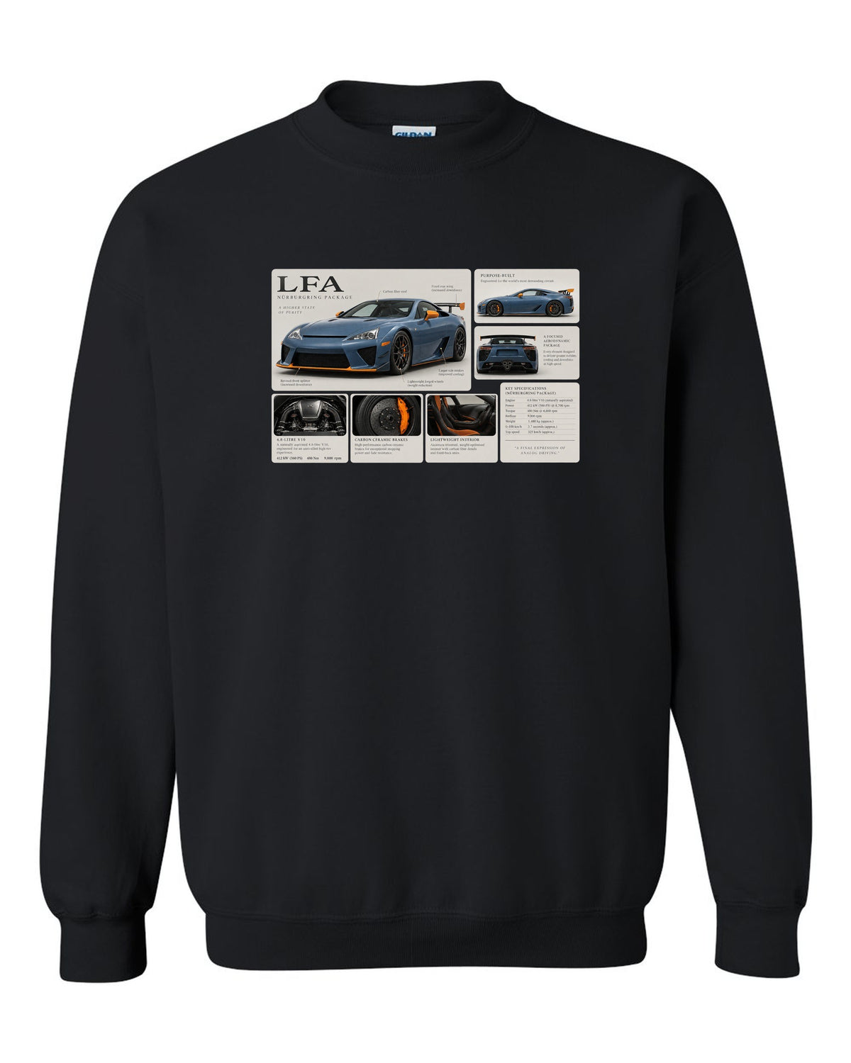 Dossier panel layout for the Lexus LFA Nurburgring Package with V10 notes black crewneck front view with the design