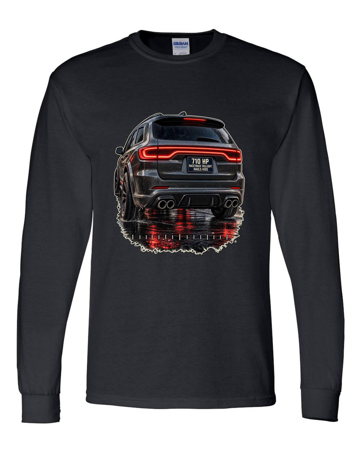 print of a Dodge Durango SRT Hellcat taillight close-up black long sleeve front view with the design