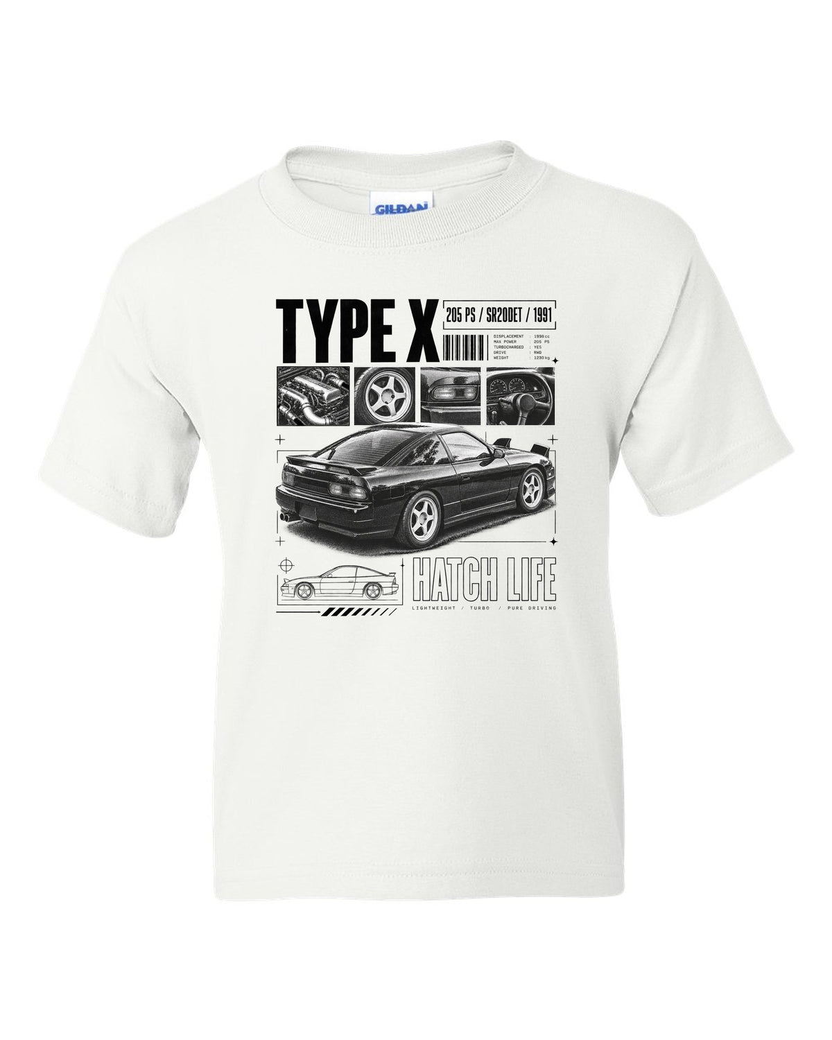 Dossier panels of a Nissan 180SX Type X with 205 PS, SR20DET and 1991 lettering white kids tee front view with the design