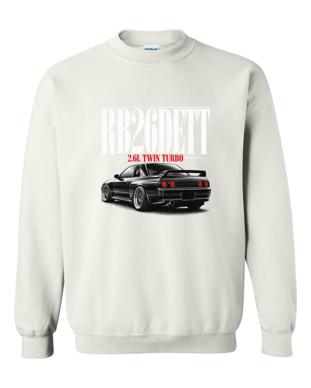 Editorial headline print of a Nissan Skyline GT-R R32 BNR32 with RB26DETT text white crewneck front view with the design