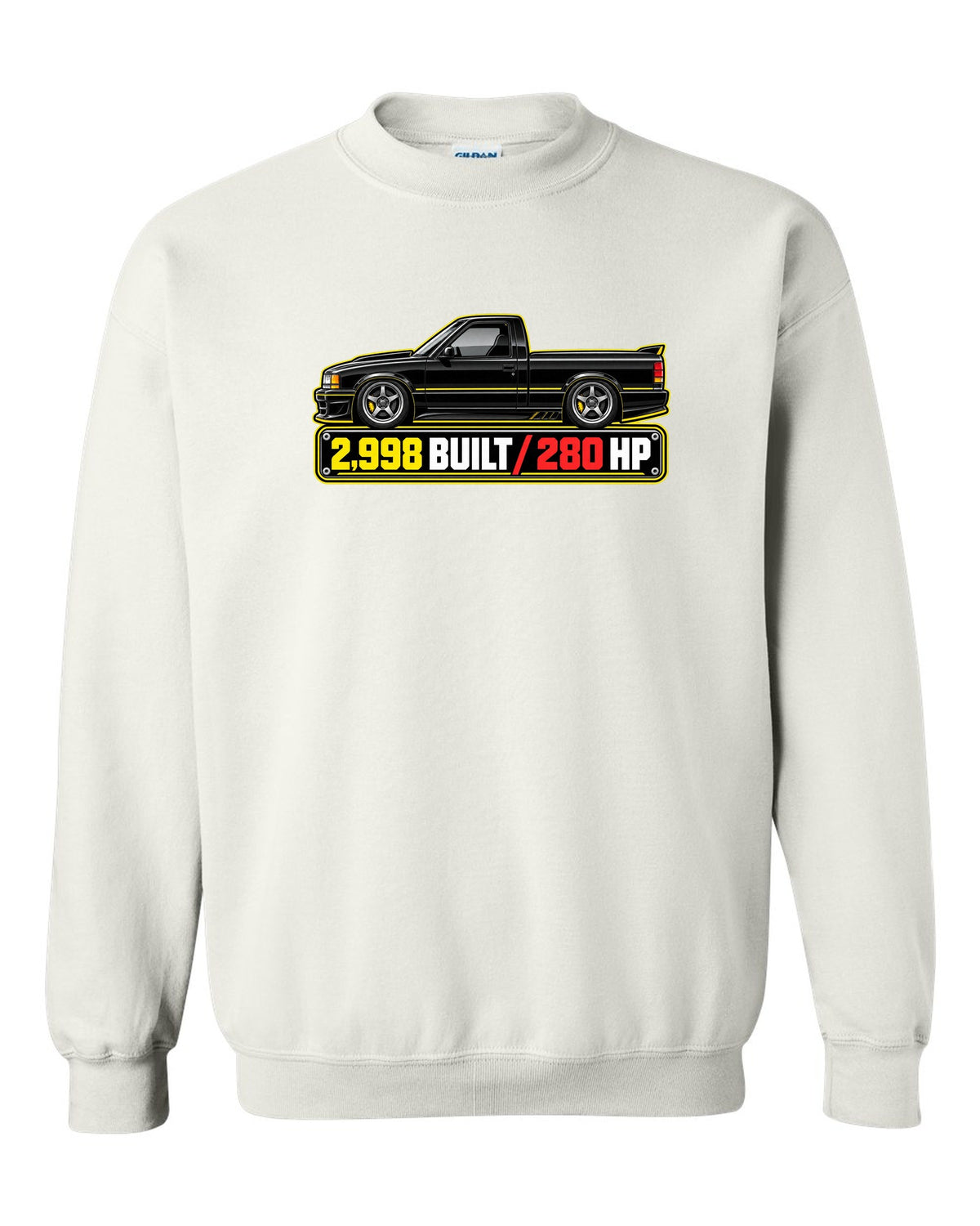 Spec-sheet data plate print of a 1991 GMC Syclone with 2,998 built and 280 HP lettering white crewneck front view with the design