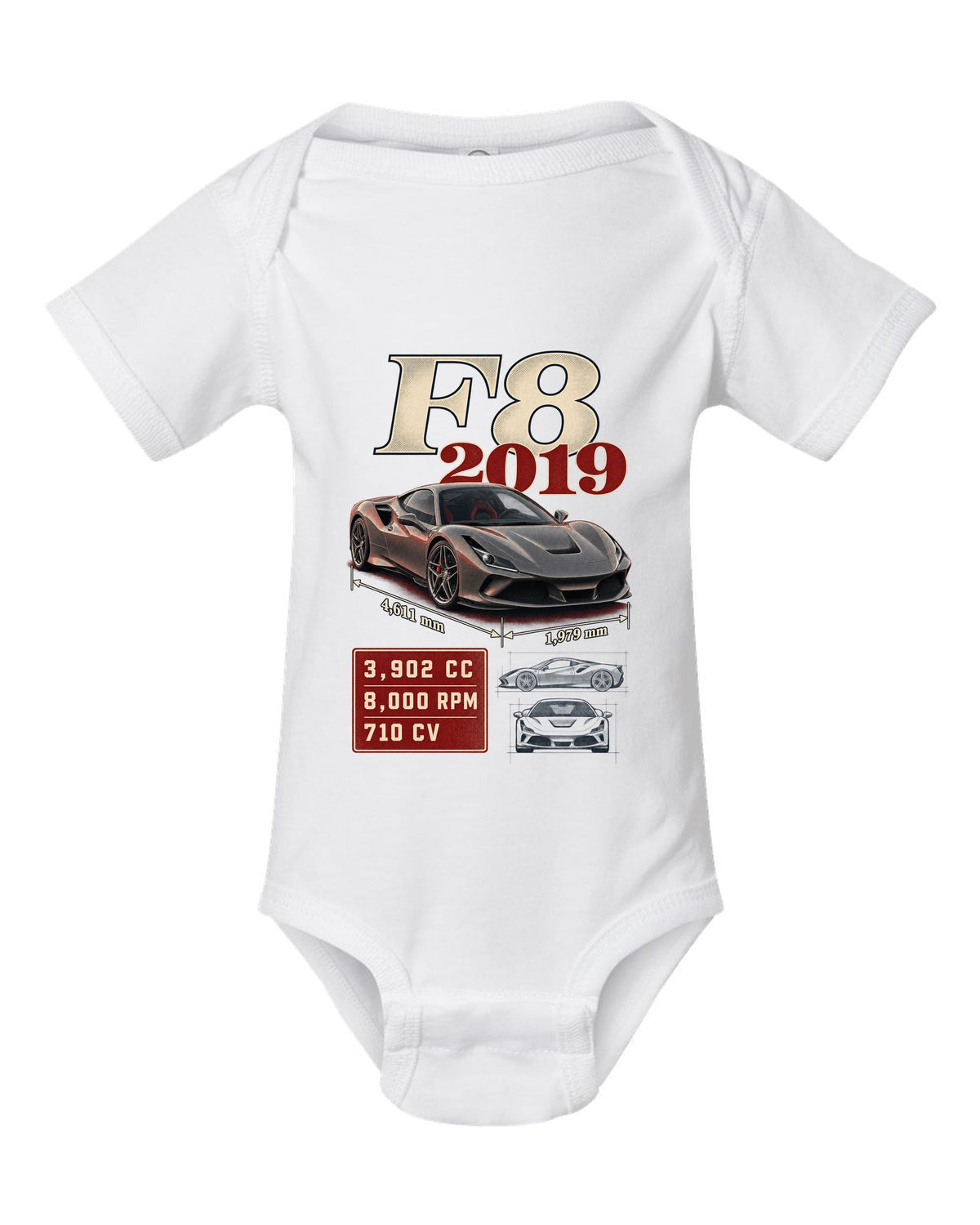Ferrari F8 Tributo archive panel print listing 3,902 cc, 8,000 rpm, 710 CV white baby onesie front view with the design