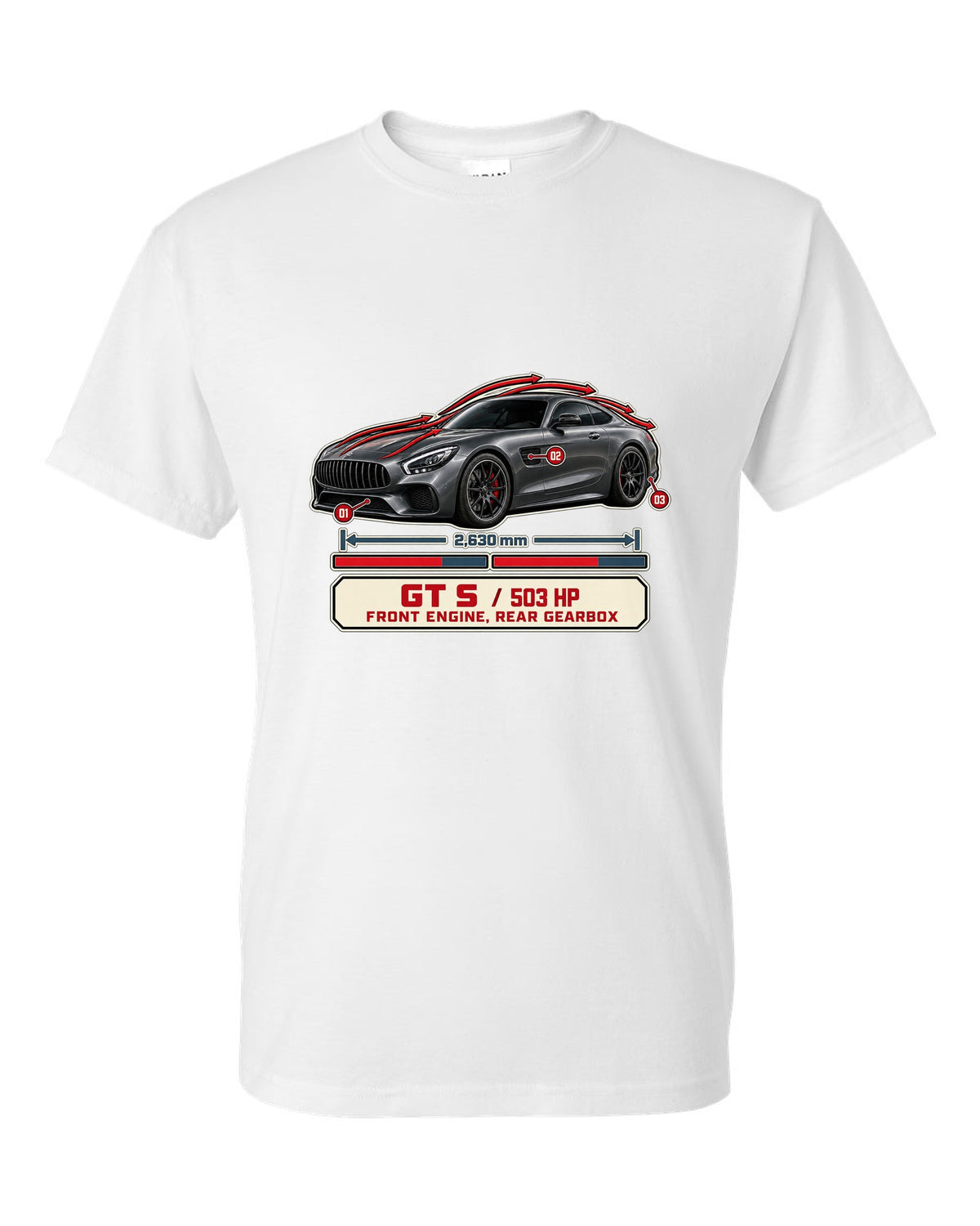 Mercedes-AMG GT S C190 aero cutaway callouts print white t-shirt front view with the design