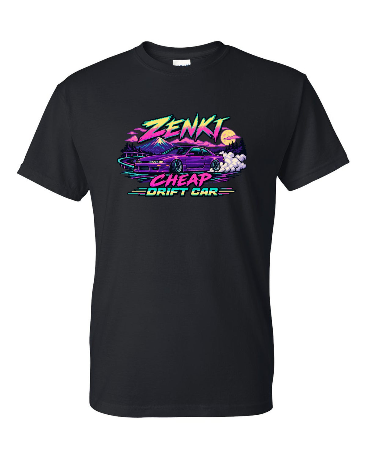 16-bit pixel art print of a Nissan Silvia S14 zenki drift car black t-shirt front view with the design