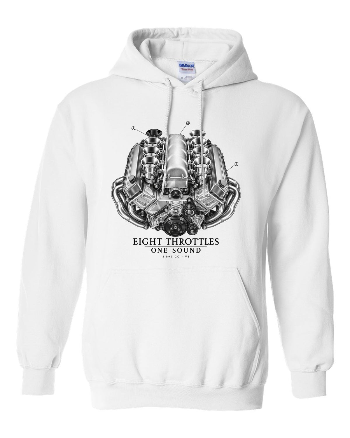 BMW E92 M3 S65 V8 engine illustration print with eight throttles lettering white pull over hoodie front view with the design