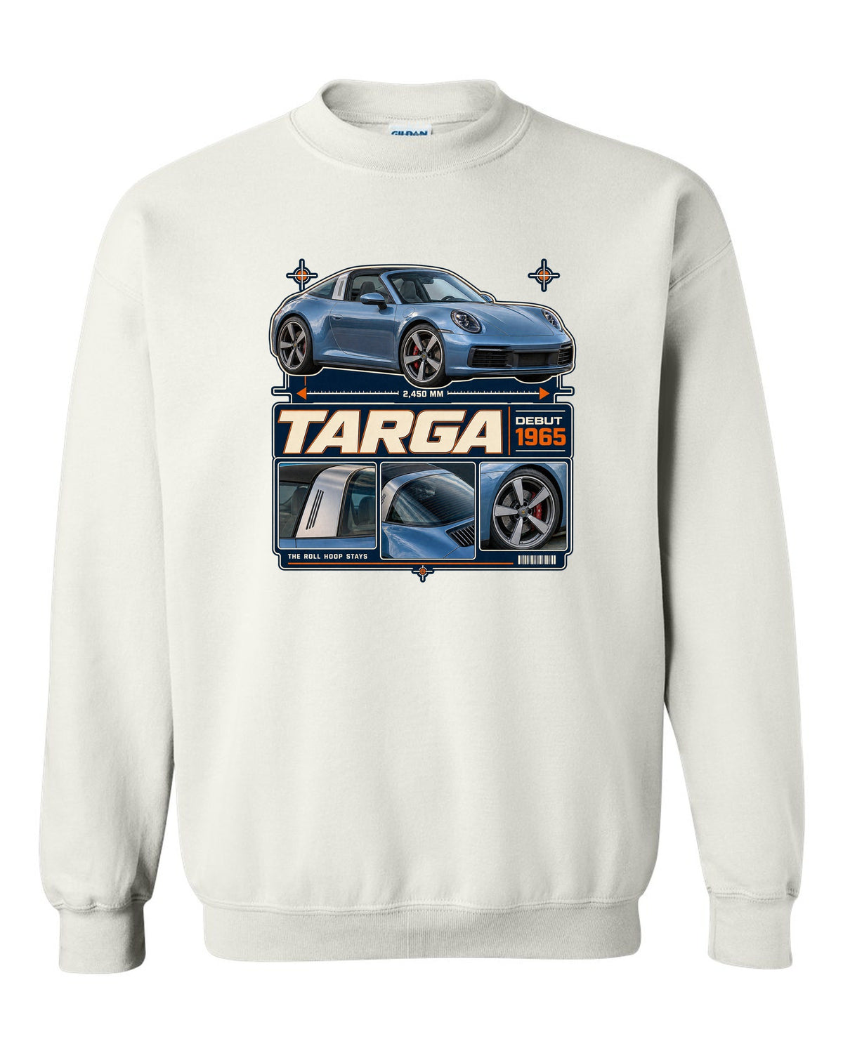 Dossier panel print of a Porsche 911 Targa 4S 992 with roll hoop white crewneck front view with the design