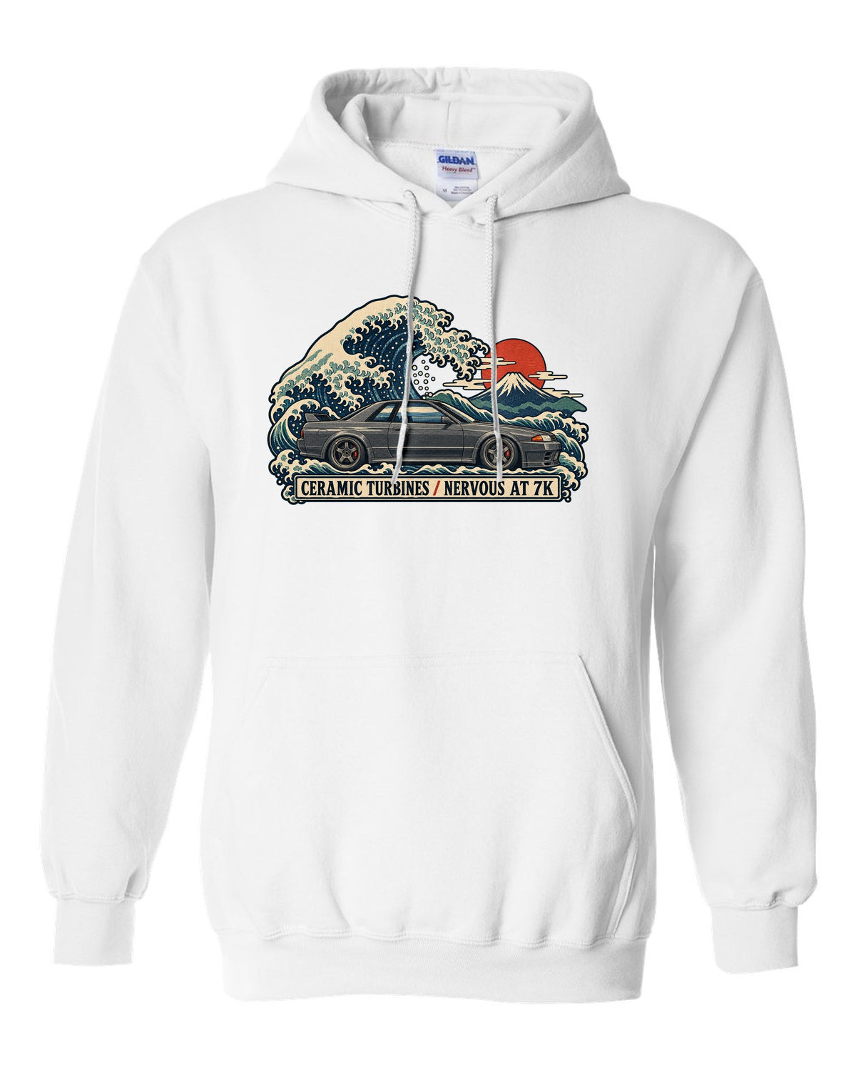 Ukiyo-e woodblock print of a gun grey Nissan Skyline GT-R R32 BNR32 on a wave white pull over hoodie front view with the design