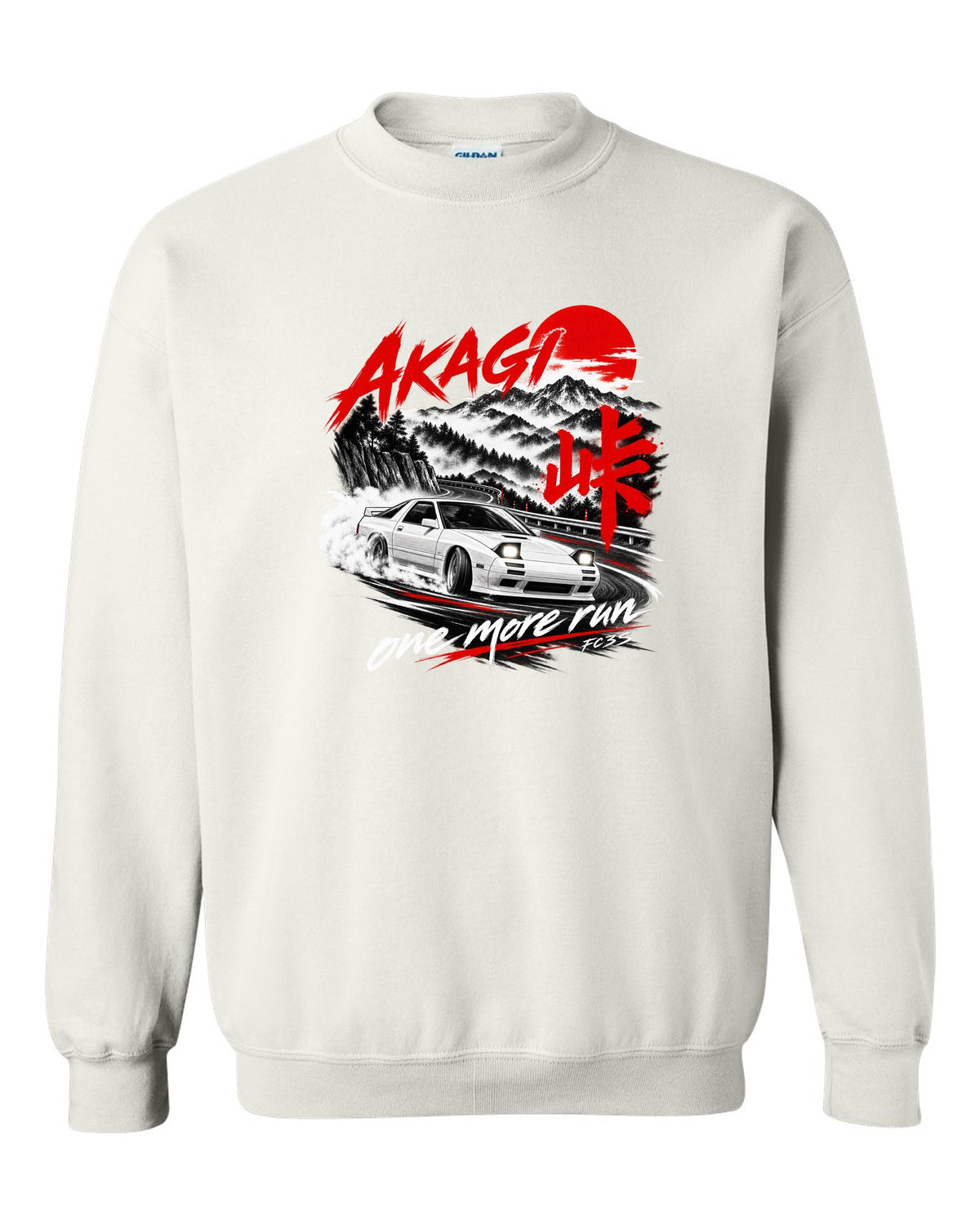 Night print of a Mazda RX-7 FC3S on Akagi with one more run lettering white crewneck front view with the design