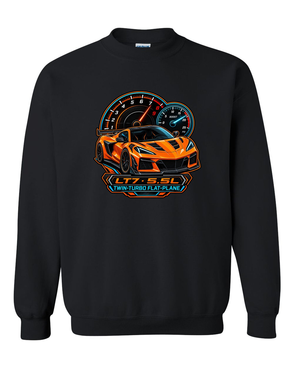 Embroidery-style varsity crest of a 2023 C8 Corvette Z06 with LT7 engine lettering black crewneck front view with the design