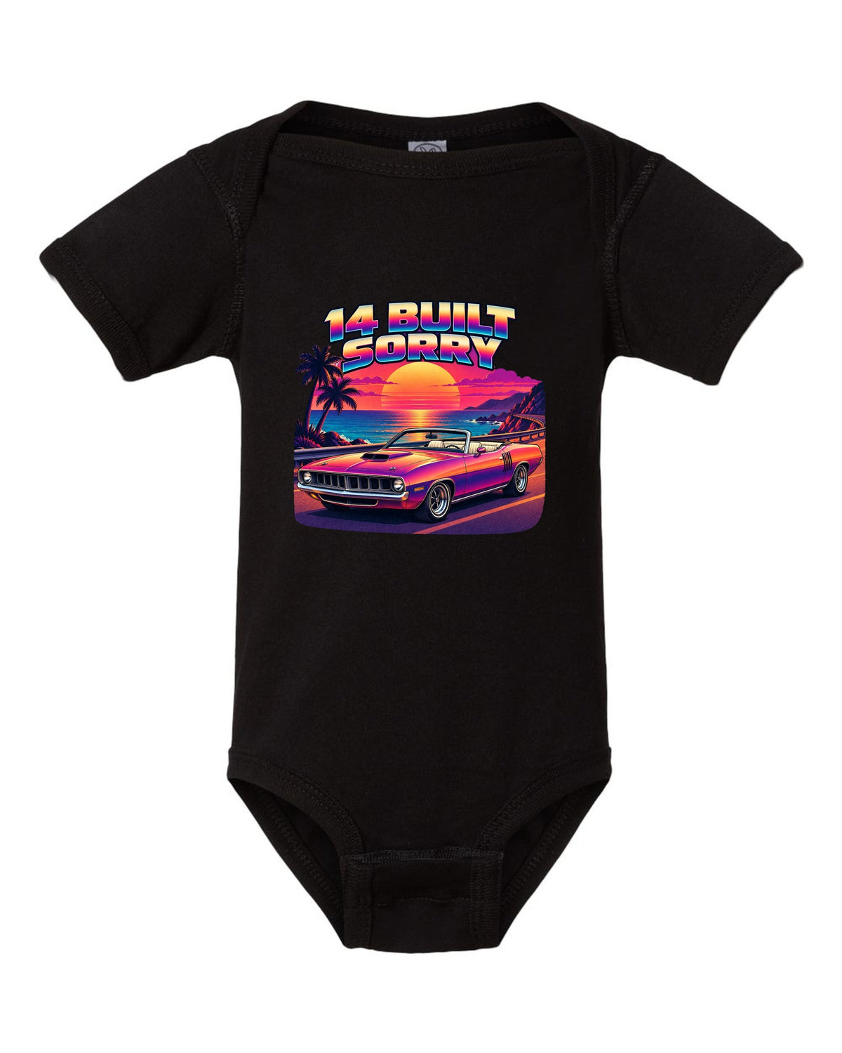 Sunset gradient synth vector print of a 1970 Plymouth Hemi 'Cuda convertible with 14 built text black baby onesie front view with the design