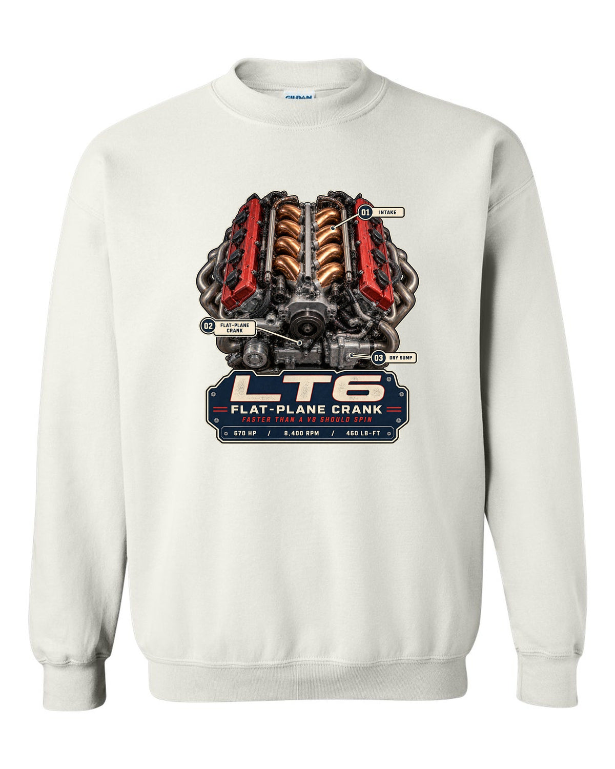 Engine hero print of the LT6 flat-plane V8 in a Chevrolet Corvette C8 Z06 white crewneck front view with the design