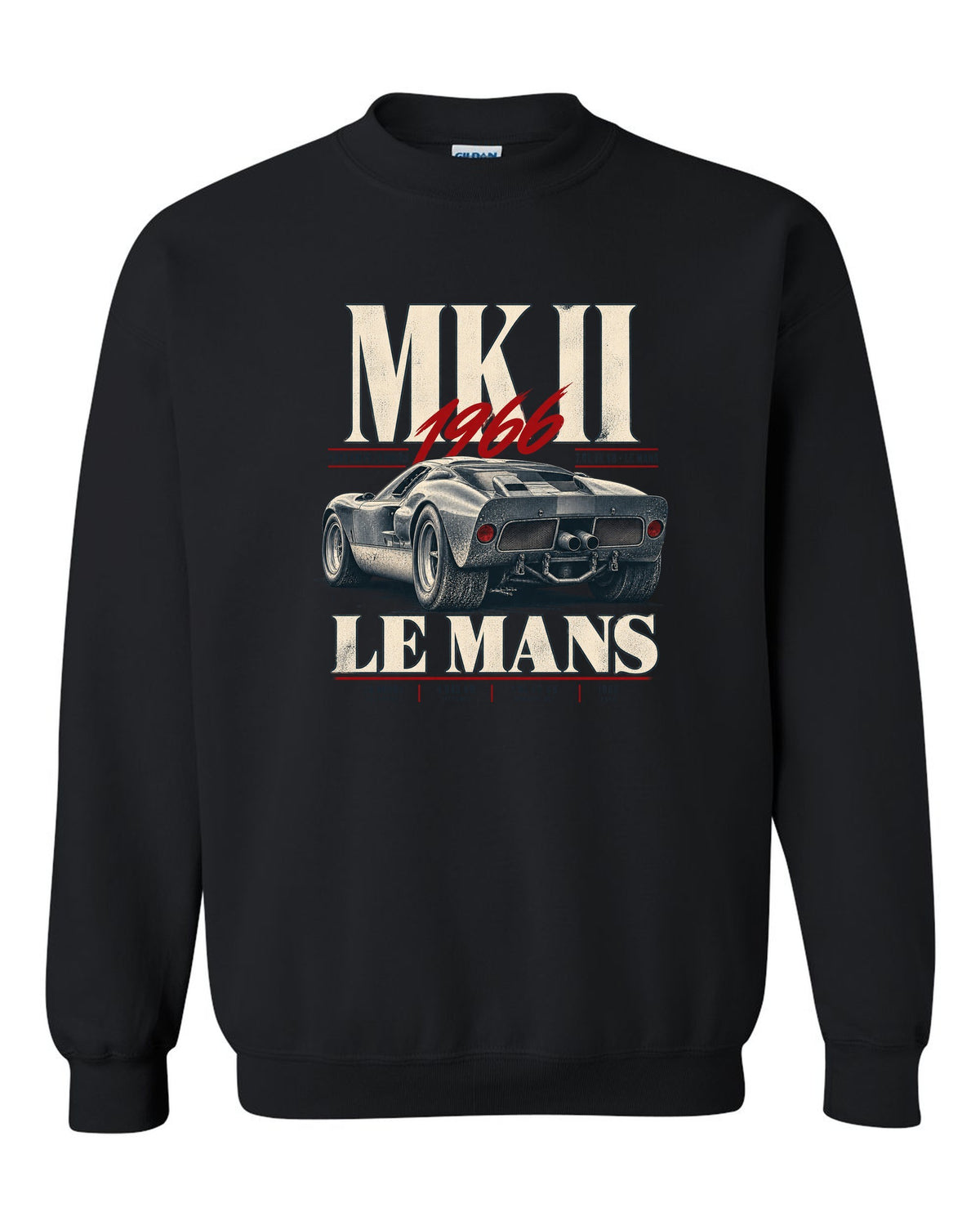 Editorial print of a 1966 Ford GT40 Mk II rear three-quarter view with Le Mans distance black crewneck front view with the design