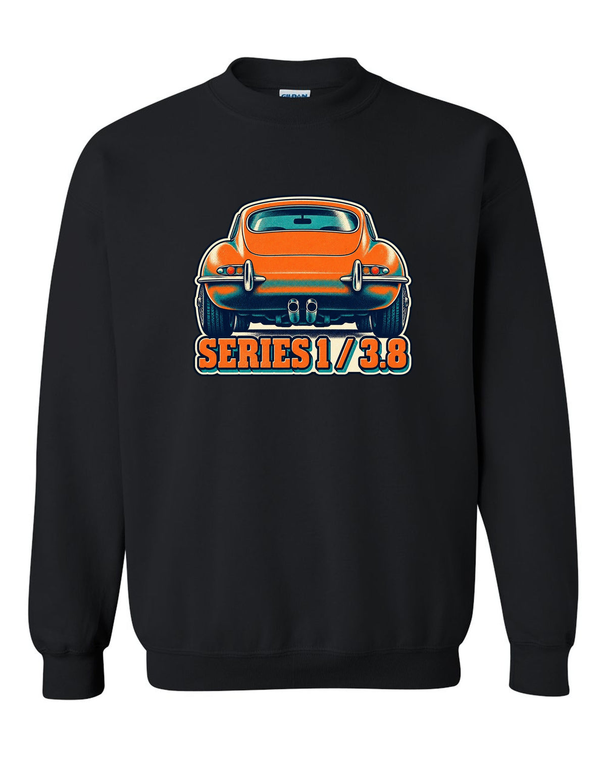 Risograph-style print of a Jaguar E-Type Series 1 taillight with Series 1 and 3.8 lettering black crewneck front view with the design