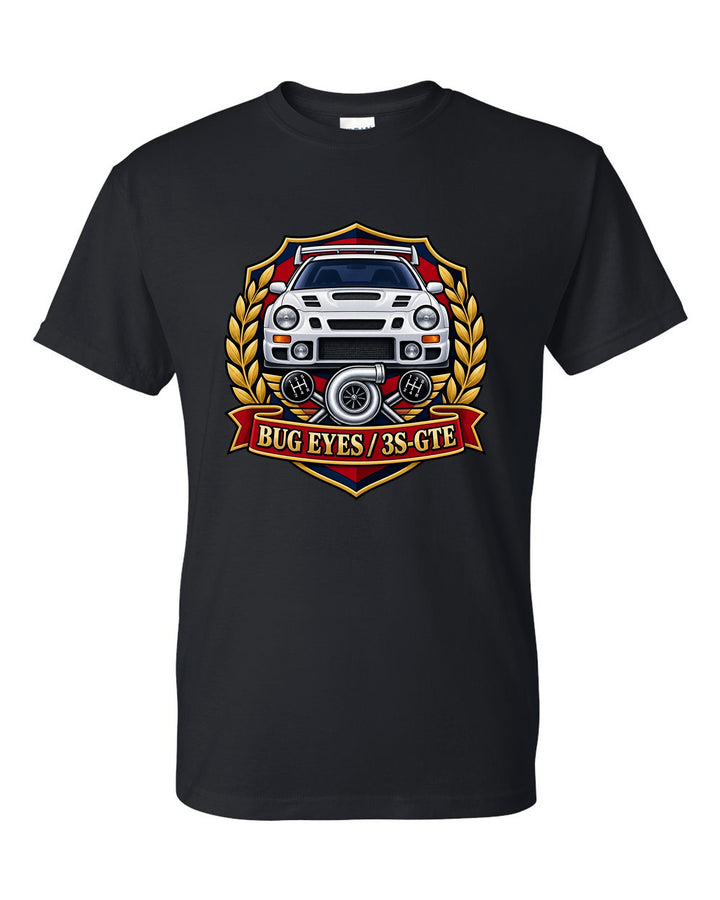 Rally crest of a Toyota Celica GT-Four ST205 with Bug Eyes and 3S-GTE lettering black t-shirt front view with the design