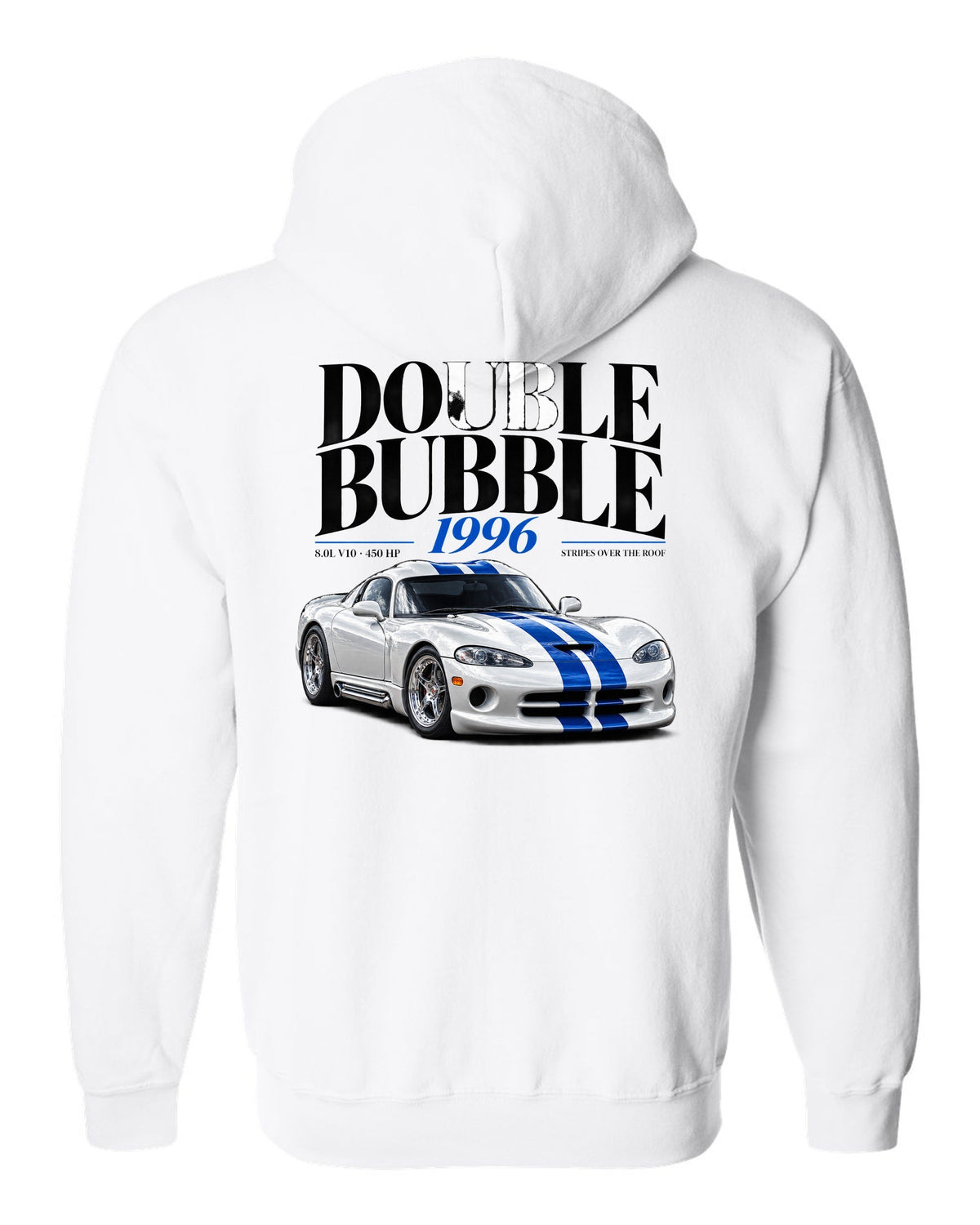 Editorial headline print of a 1996 Dodge Viper GTS SR II with double bubble and 8.0L V10 text white zip hoodie back view with the design