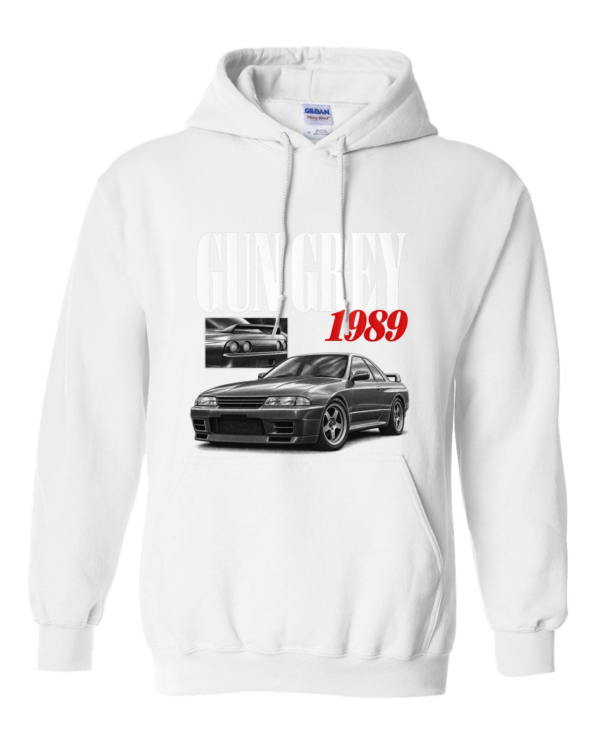 Editorial headline print of a Nissan Skyline GT-R R32 BNR32 in Gun Grey with 1989 text white pull over hoodie front view with the design