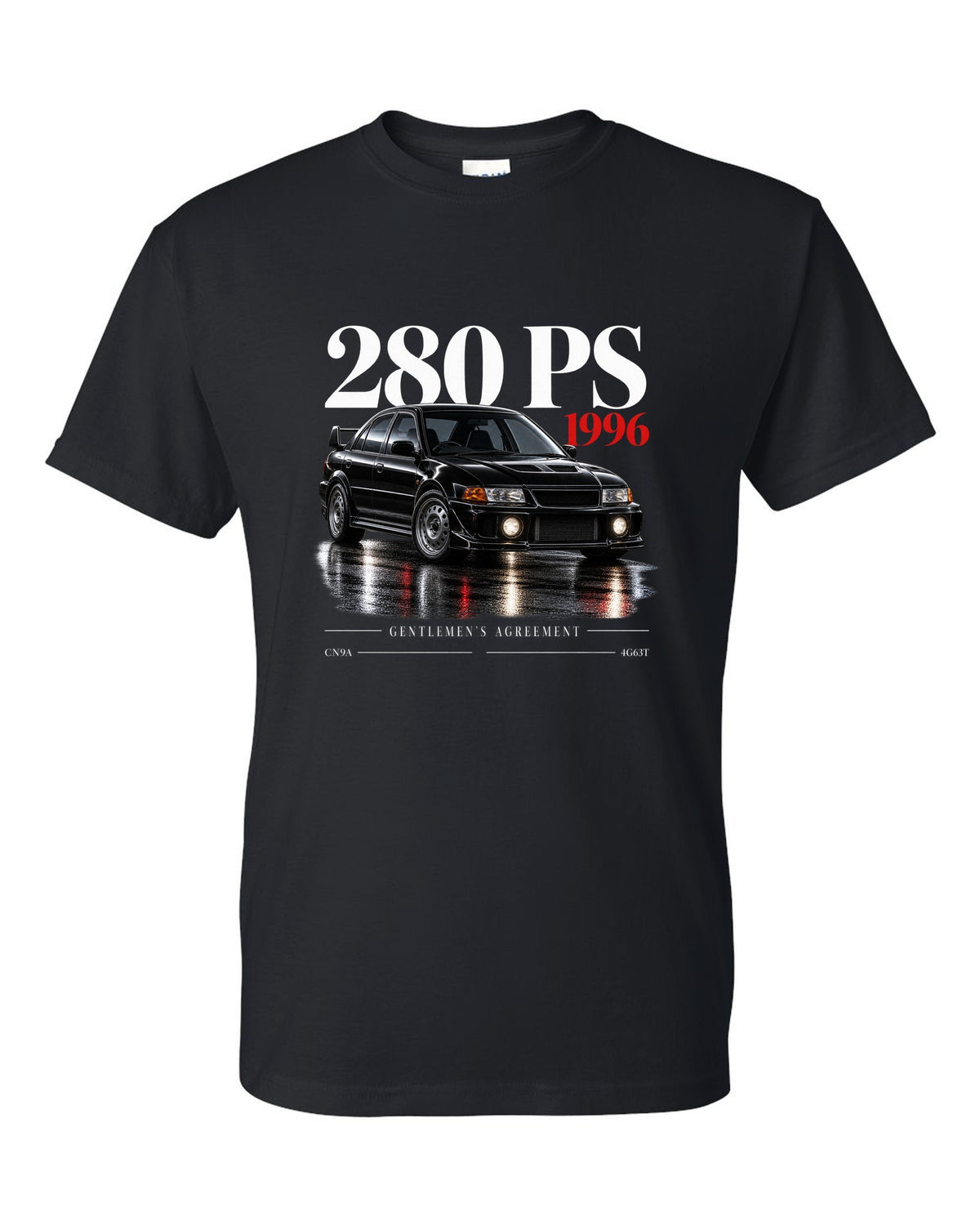 Editorial headline print for the Mitsubishi Lancer Evolution IV CN9A reading 280 PS, 1996, Gentlemen's Agreement, 4G63T black t-shirt front view with the design