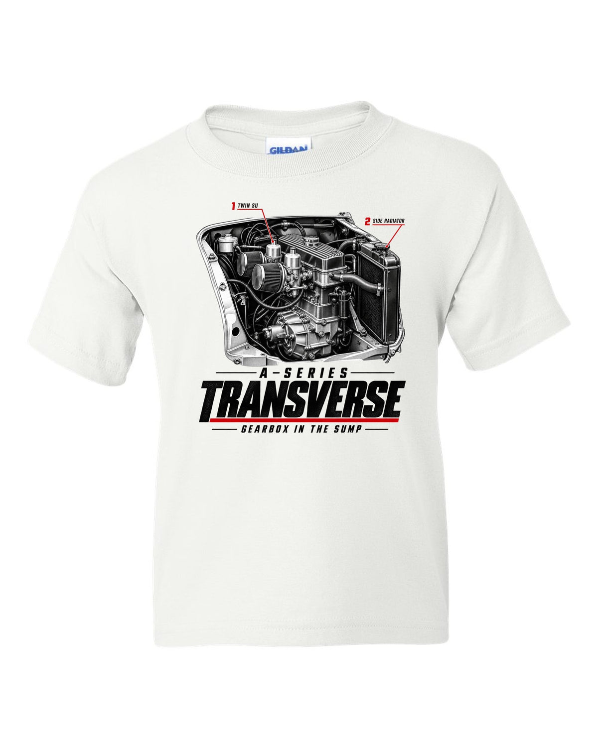 print of a Classic Mini Cooper S 1275 engine bay with the transverse A-series engine white kids tee front view with the design
