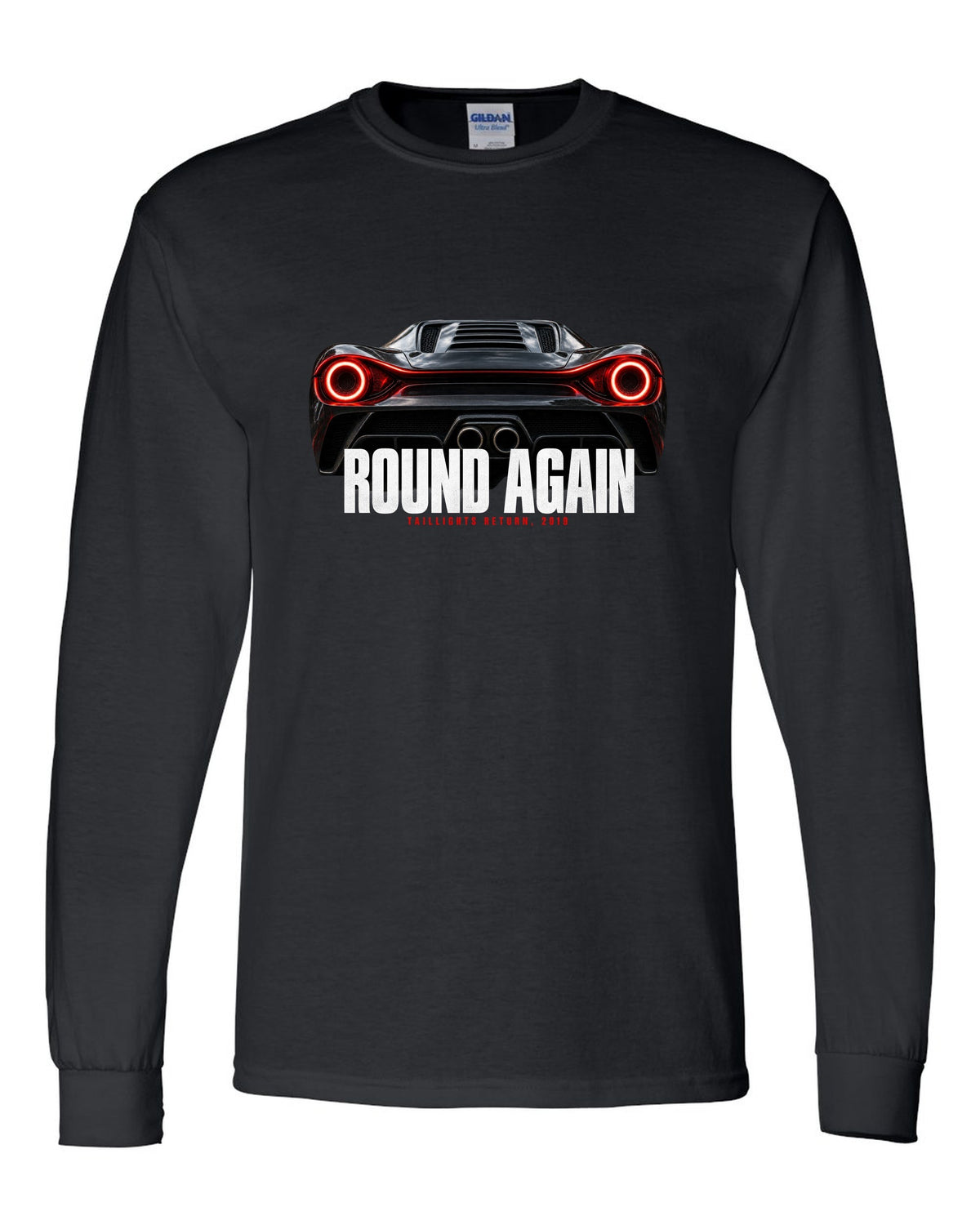 Macro print of Ferrari F8 Tributo round taillights with the text Round Again, Taillights Return, 2019 black long sleeve front view with the design
