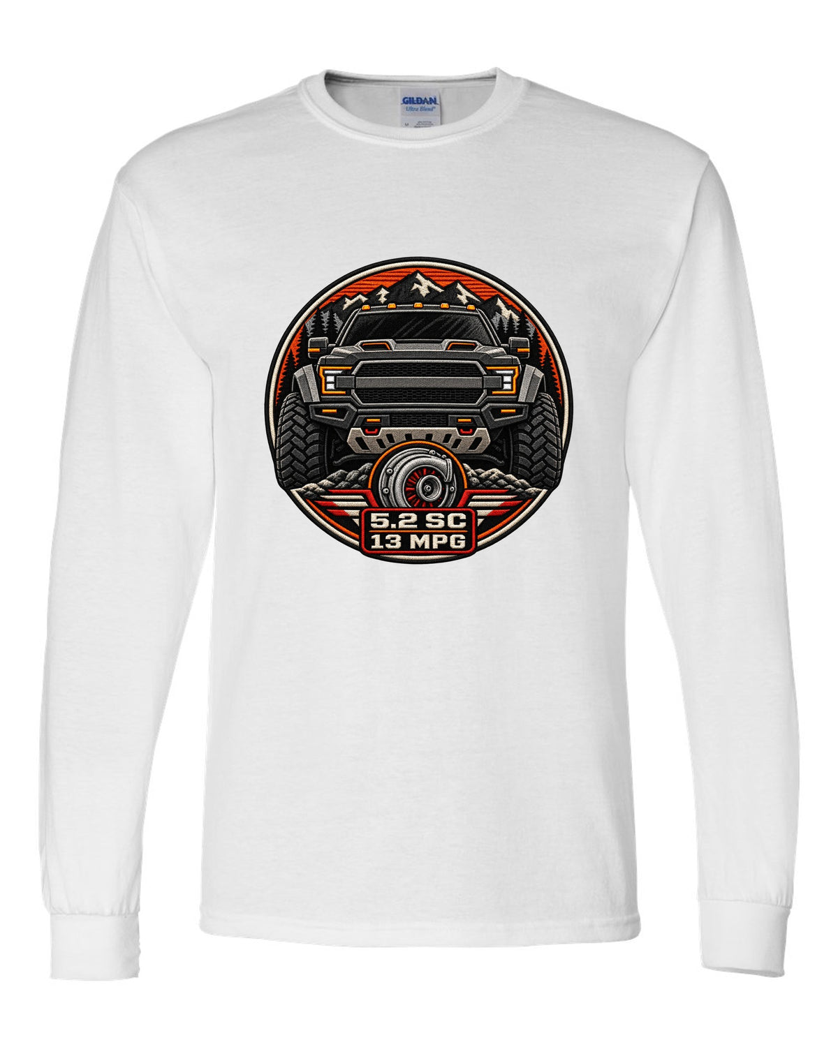 Varsity badge crest print of the Ford F-150 Raptor R P702 with 5.2 SC and 13 MPG text white long sleeve front view with the design