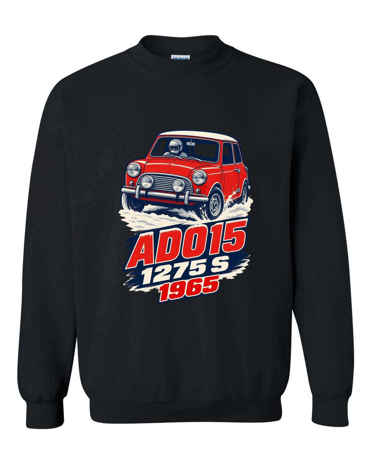 1965 Mini Cooper S ADO15 rally car in a 1960s litho poster style black crewneck front view with the design