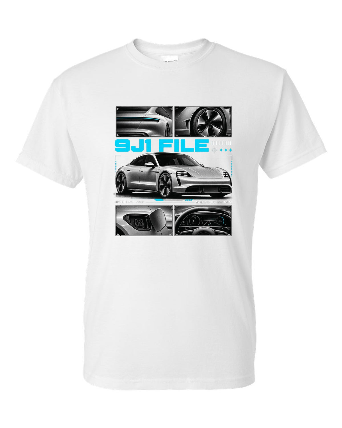Porsche Taycan Turbo S 9J1 dossier panel design with charging figures white t-shirt front view with the design