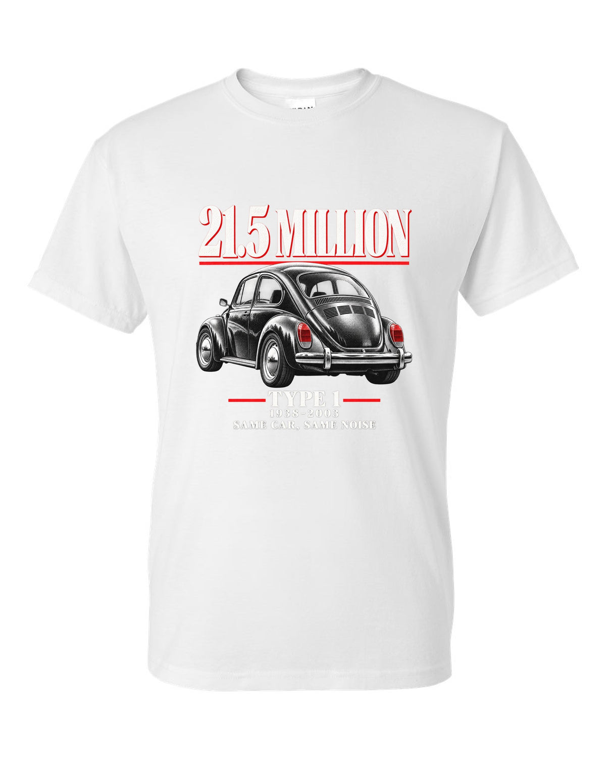 Editorial print of a VW Beetle Type 1 1303 Super Beetle three-quarter rear white t-shirt front view with the design