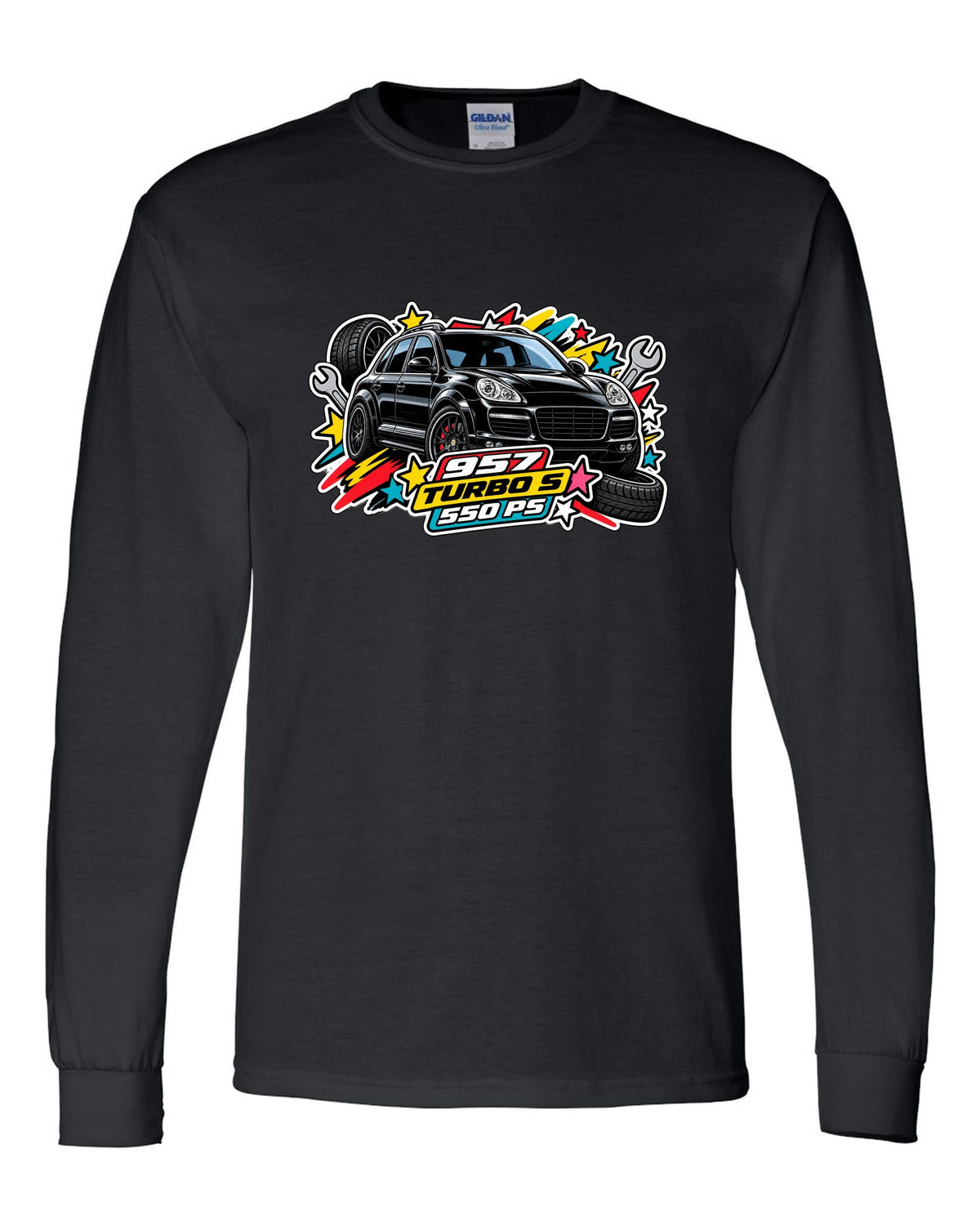 Porsche 991 R patent line art coupe design with 6-speed and 991 built text black long sleeve front view with the design