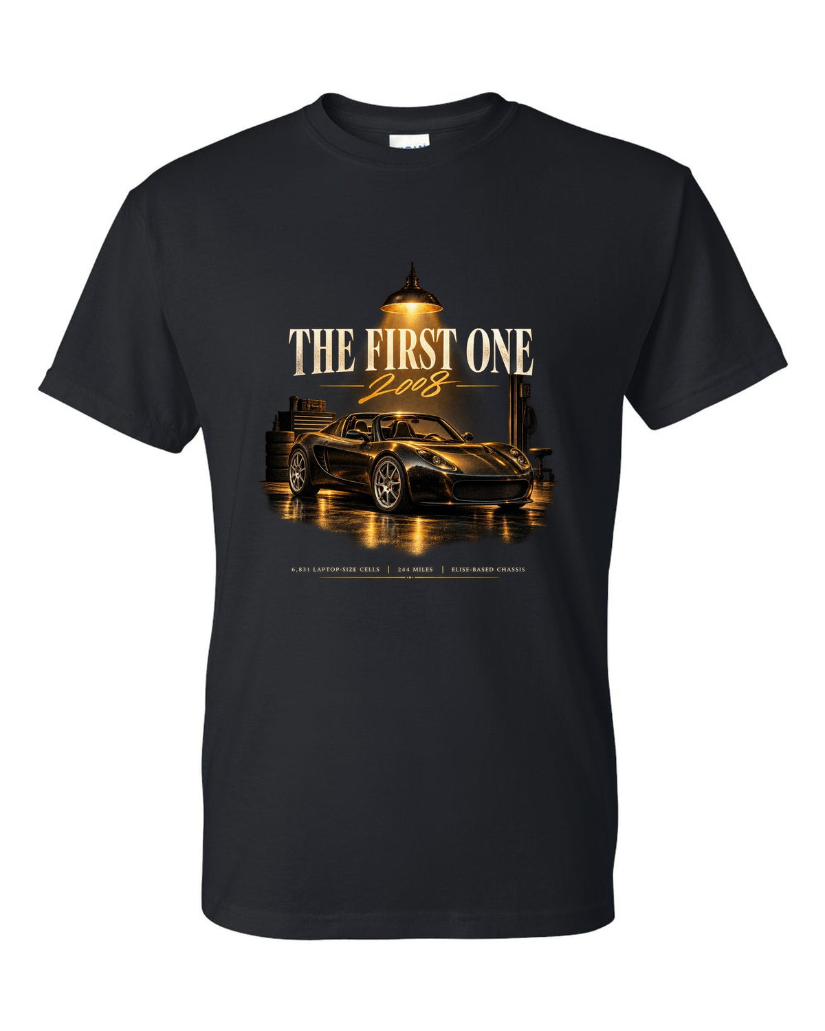Garage night print of a first generation 2008 Tesla Roadster black t-shirt front view with the design