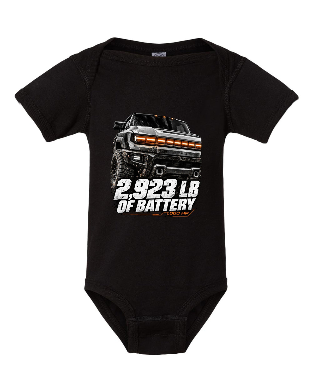 GMC Hummer EV pickup lit front panel macro with battery weight text black baby onesie front view with the design