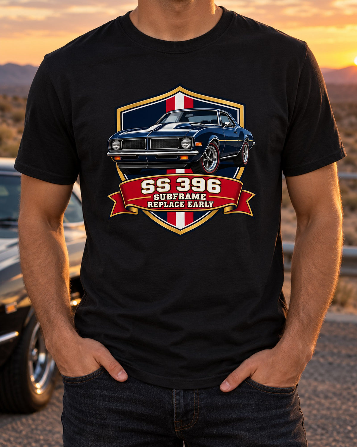 1968 Camaro SS 396 Subframe Shield Crest Shirt, Replace Early T-Shirt Black worn hero