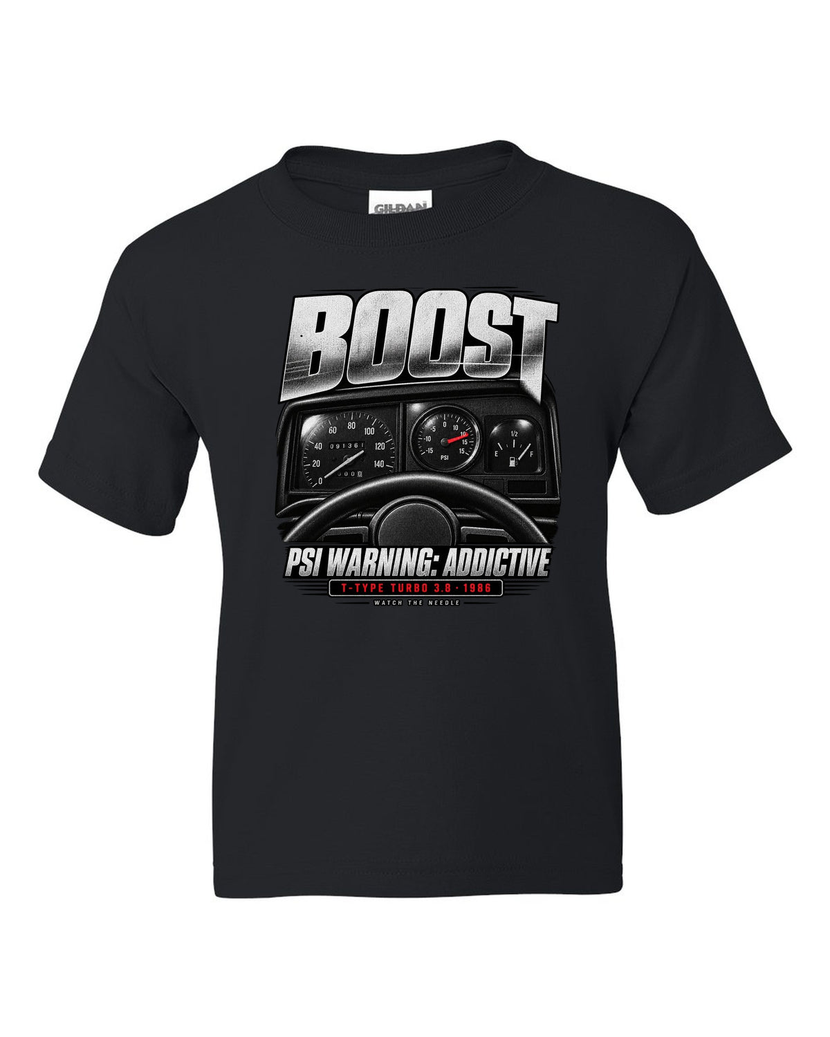 1986 Buick Grand National boost gauge cockpit print with T-Type turbo text black kids tee front view with the design
