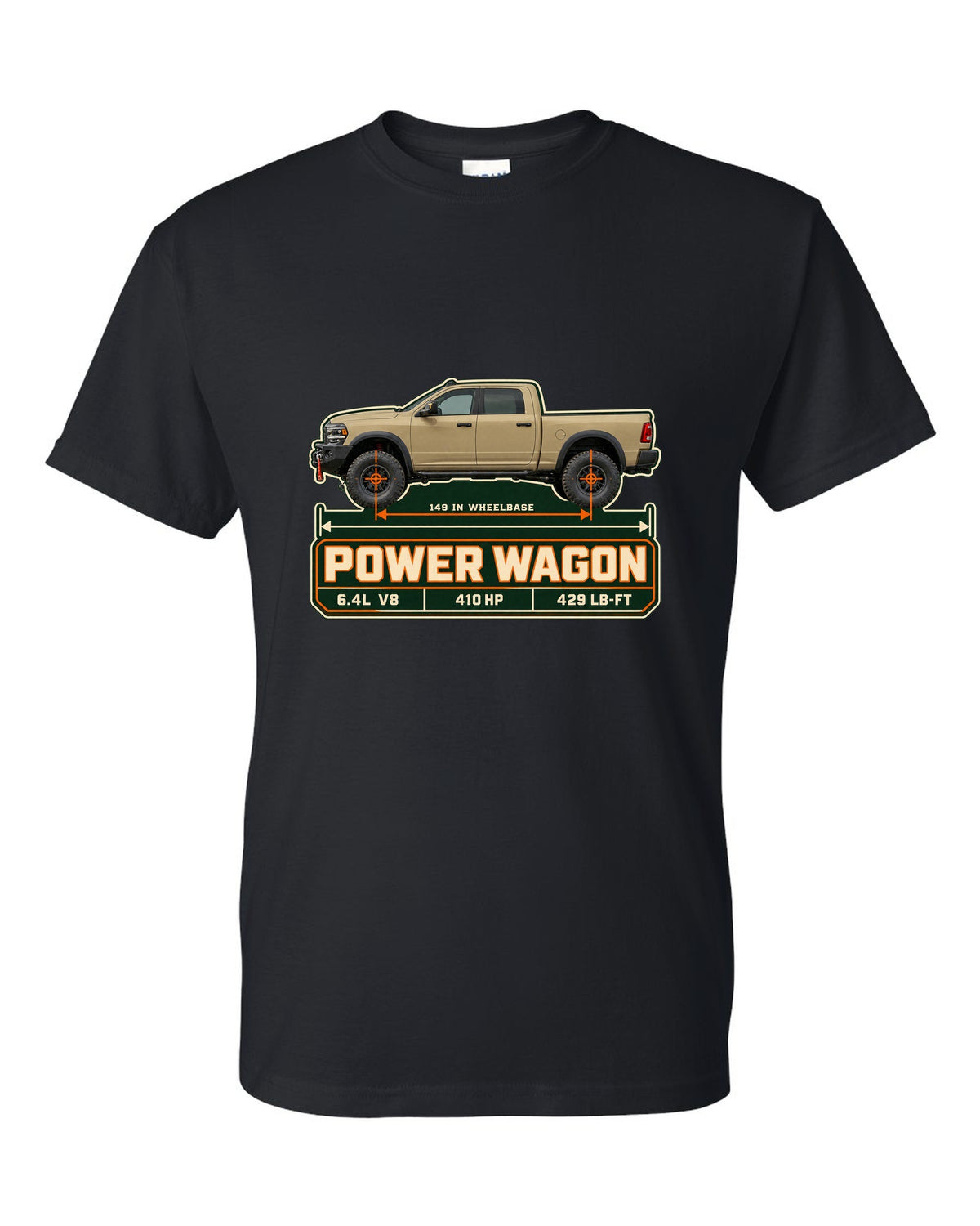 Ram 2500 Power Wagon dimension blueprint plate print with 149 inch wheelbase black t-shirt front view with the design