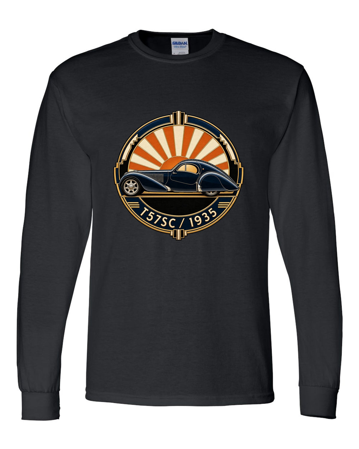 Art Deco crest design featuring the Bugatti Type 57SC Atlantic with T57SC 1935 lettering black long sleeve front view with the design
