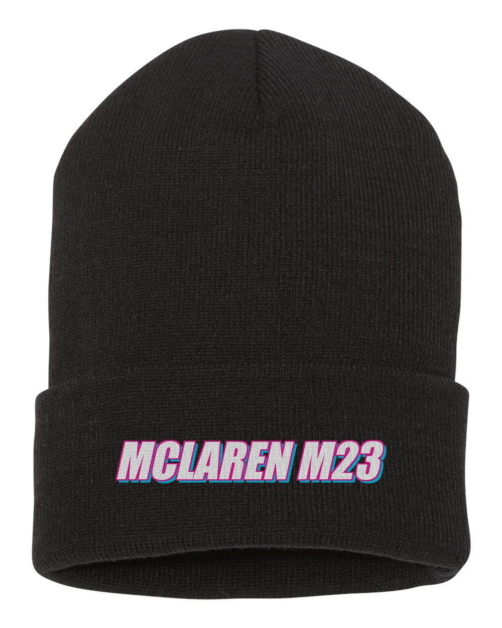 Mclaren M23 black beanie front view with car name