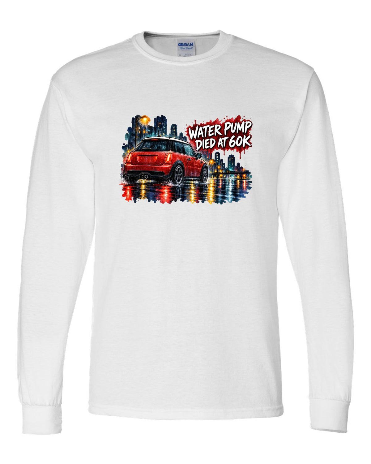 Watercolour night scene of a Mini Cooper S R56 on a wet road white long sleeve front view with the design