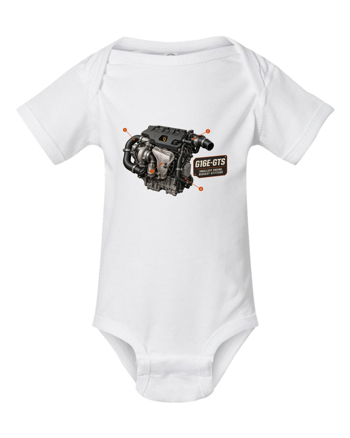 Toyota GR Yaris GR-Four rear three-quarter dossier panel design white baby onesie front view with the design