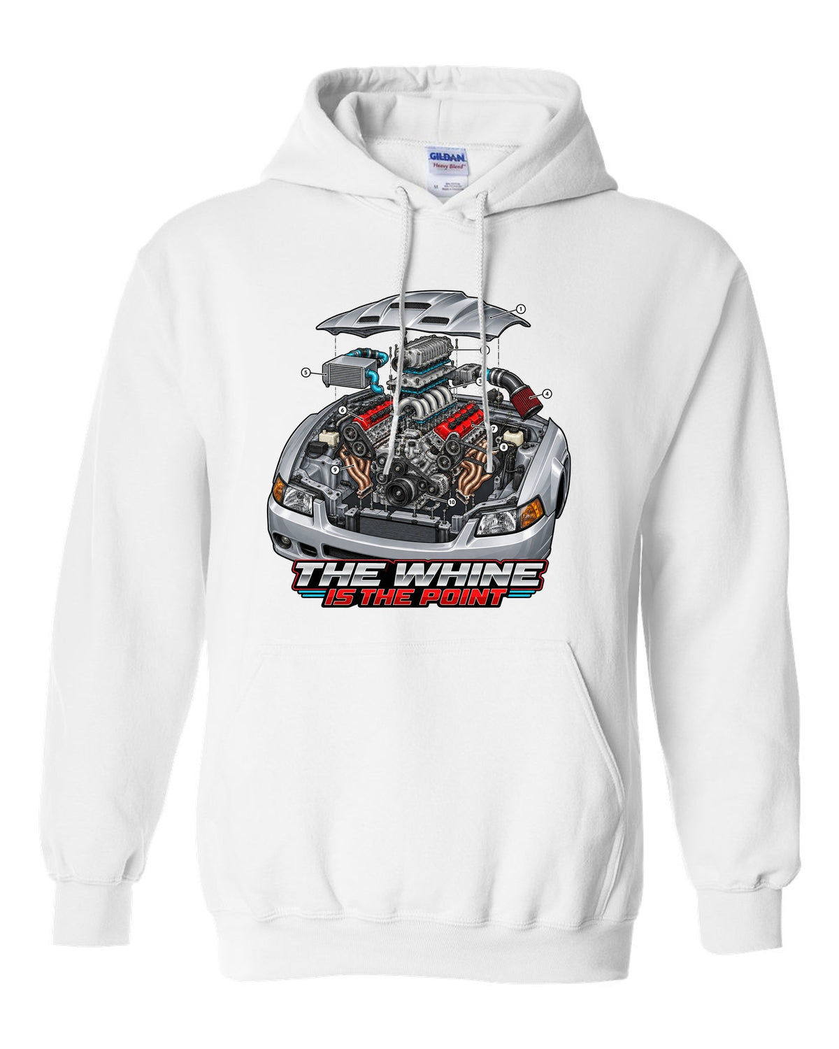 Exploded engine cutaway print of a supercharged Ford Mustang SN95 Terminator-spec white pull over hoodie front view with the design