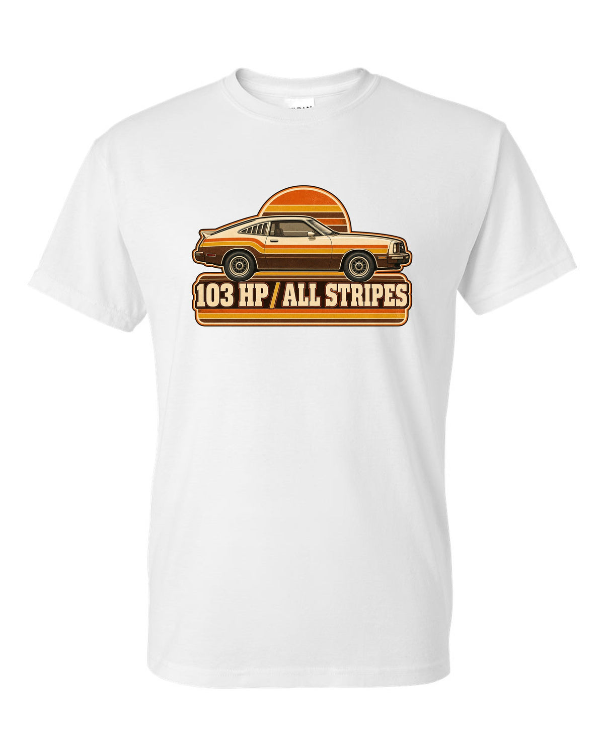 Vintage 70s race poster print of a 1976 Ford Mustang II fastback with stripes white t-shirt front view with the design