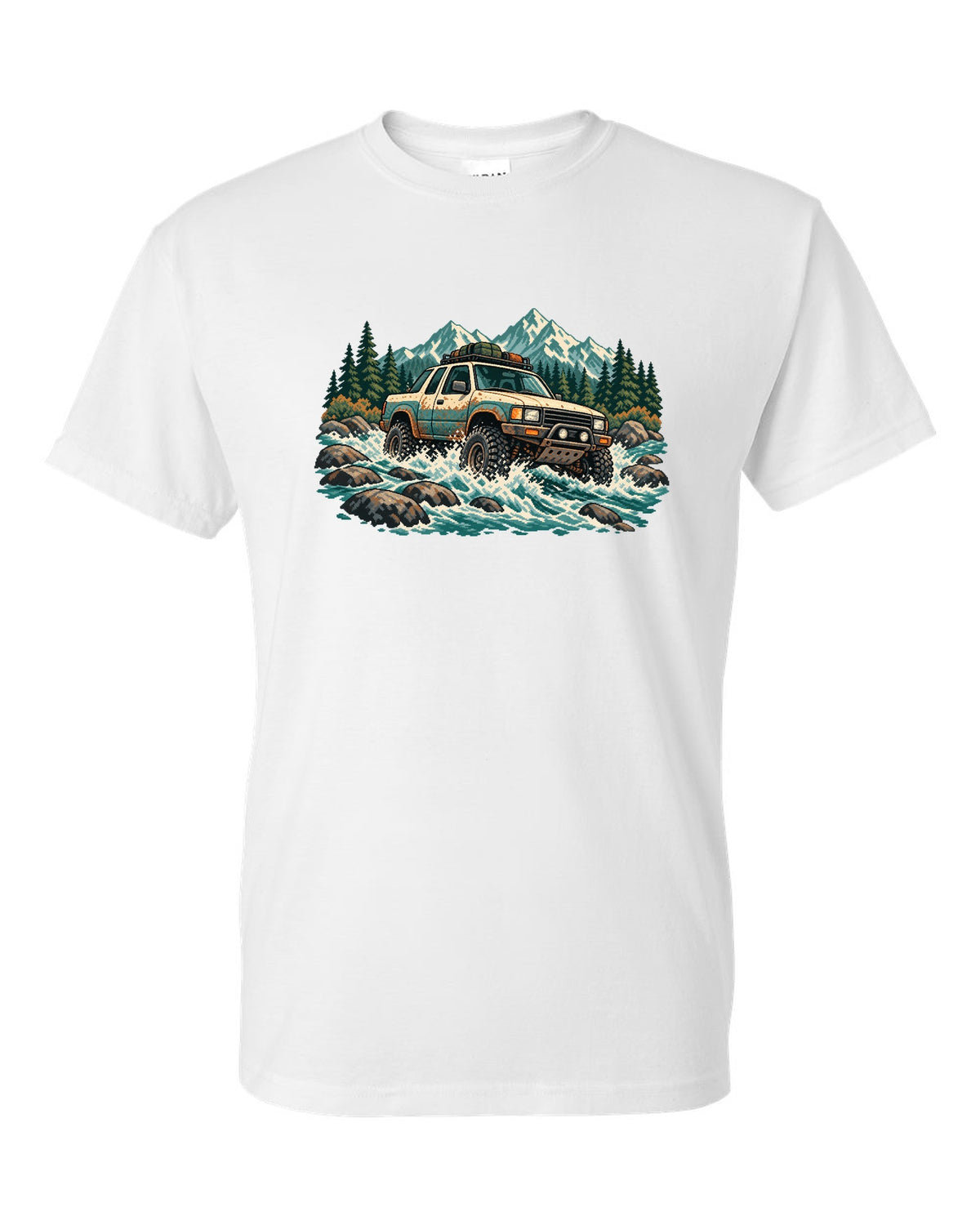 16-bit pixel art of a 2021 Ford F-150 Raptor Gen 3 P702 crossing a river with 5-LINK REAR lettering white t-shirt front view with the design