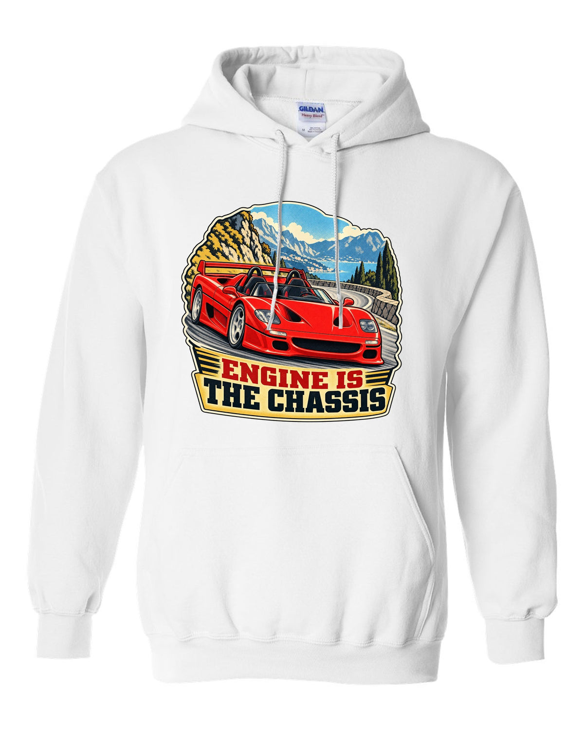 Retro race-programme print of a 1995 Ferrari F50 F130 with roof off on a mountain pass and engine is the chassis text white pull over hoodie front view with the design