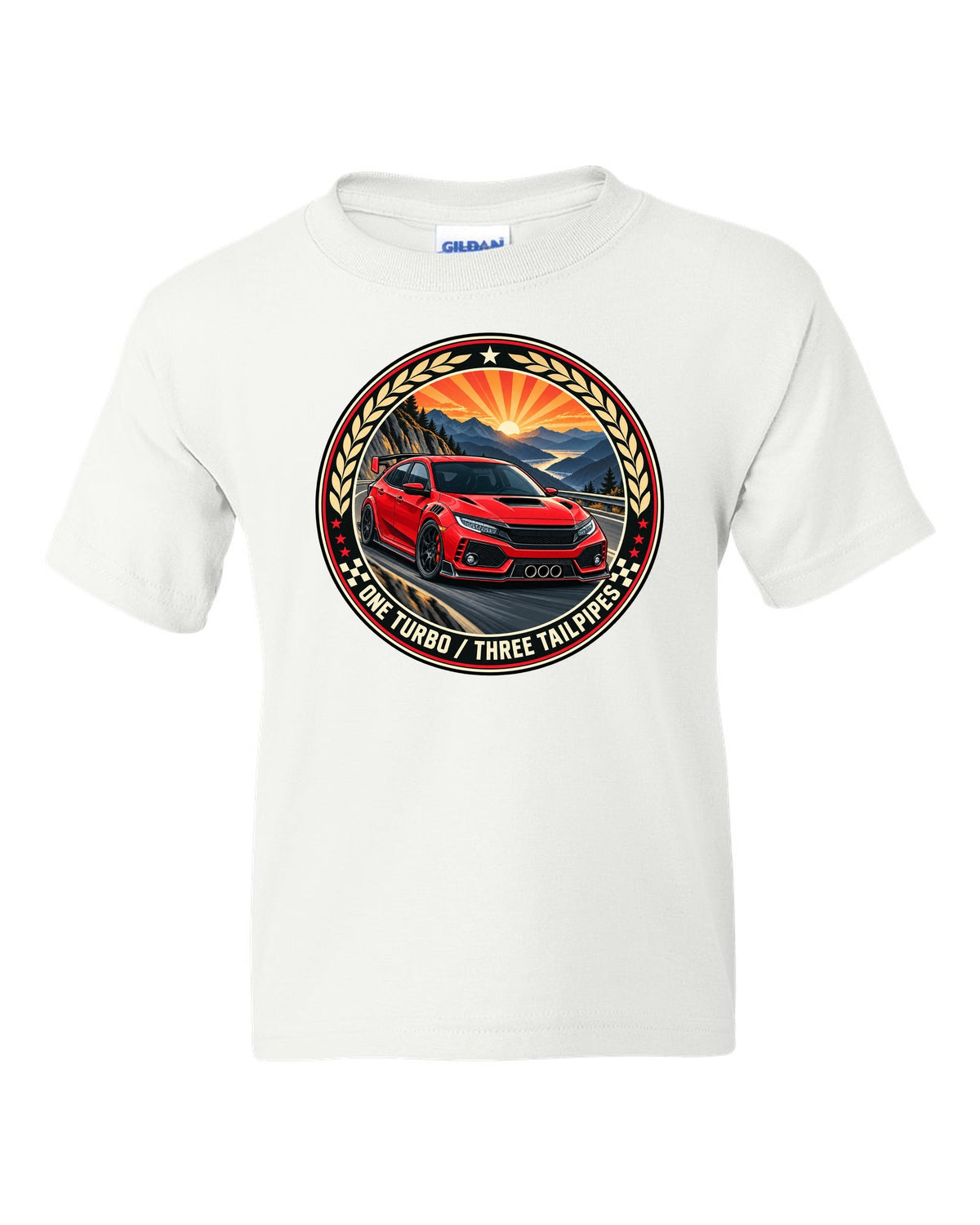 Original crest layout print for the Honda Civic Type R FK8 with one turbo three tailpipes text white kids tee front view with the design