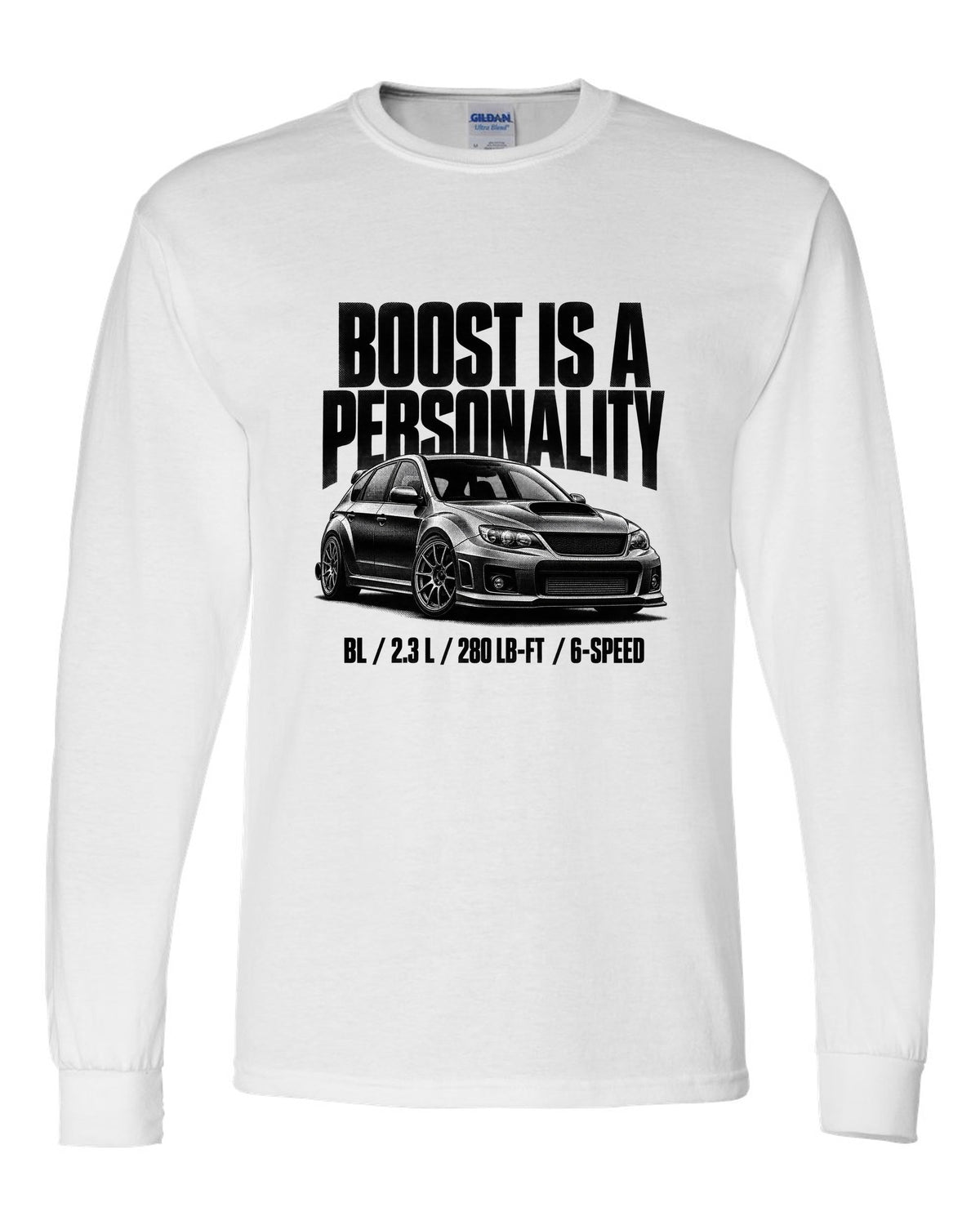 Halftone carbon print of a Mazdaspeed3 BL with boost lettering white long sleeve front view with the design