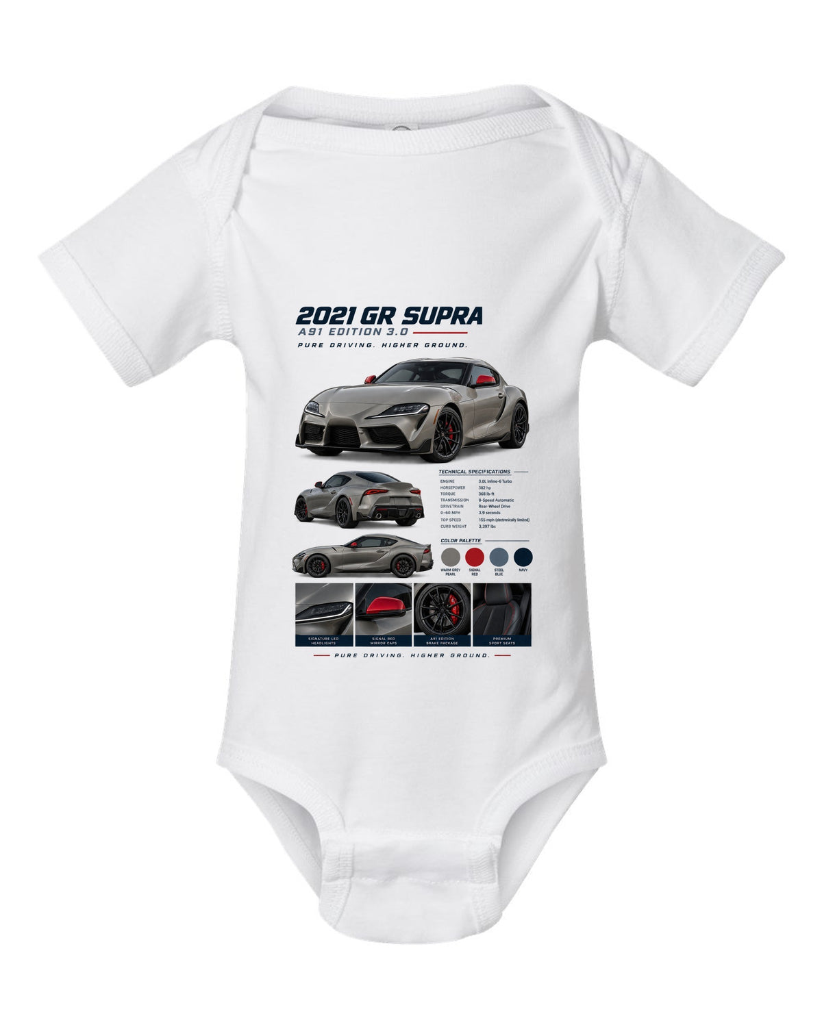Dossier panel layout of the 2021 Toyota GR Supra A91 Edition in warm grey pearl with red mirror caps white baby onesie front view with the design