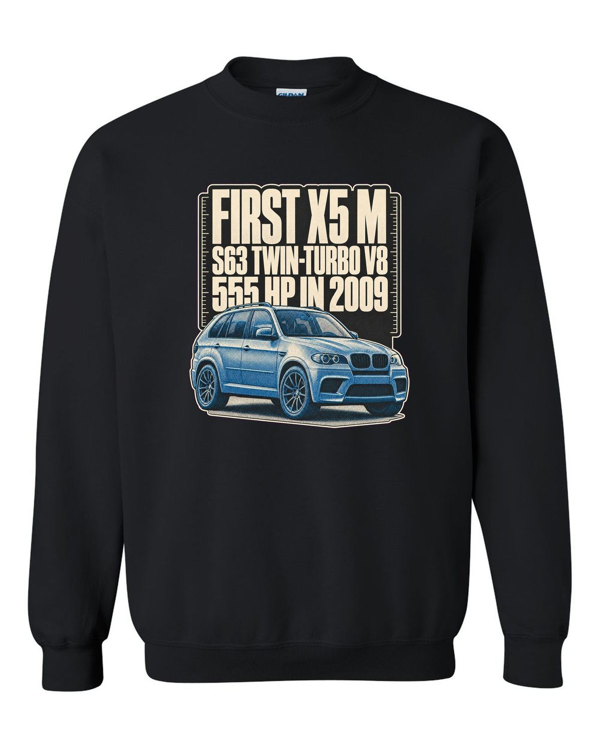 BMW X5 M E70 halftone print on a tee black crewneck front view with the design