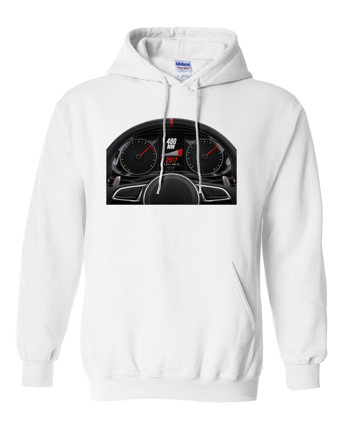 Audi RS3 8V instrument cluster gauge design with 5 cyl 400 PS text white pull over hoodie front view with the design