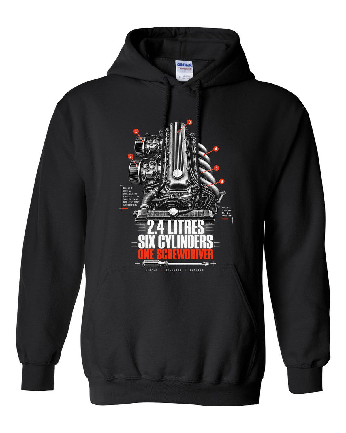 print of a Datsun 240Z L24 engine bay with six cylinders and screwdriver lettering black pull over hoodie front view with the design